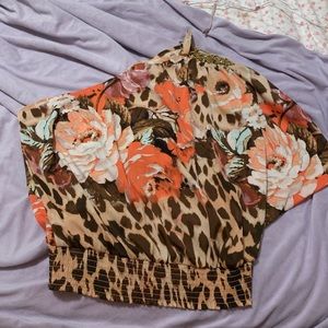 Floral and leopard print one shoulder strap top